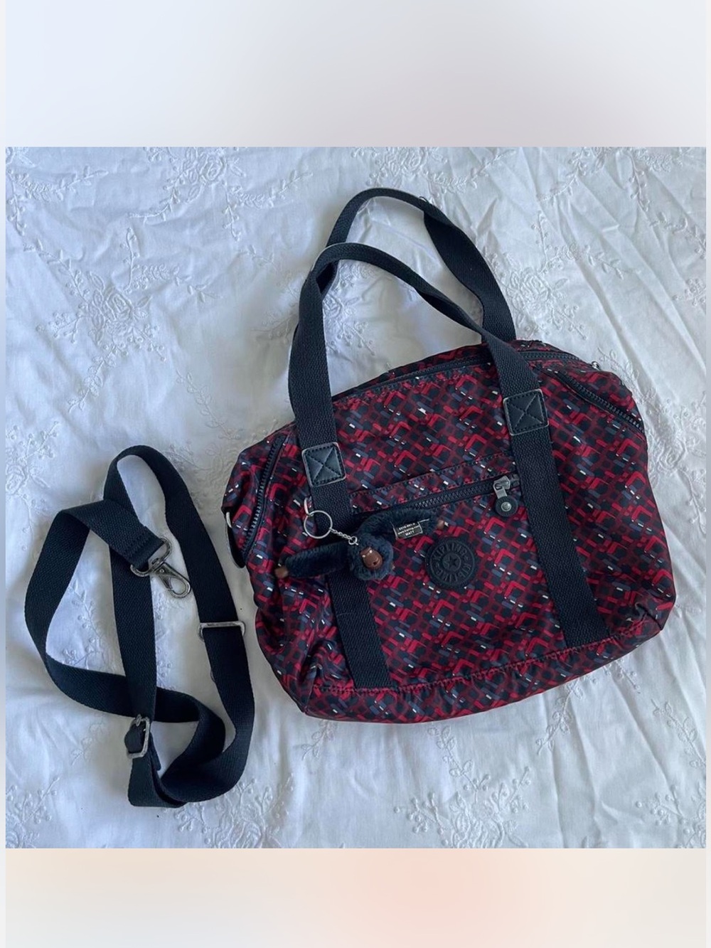 Kipling Red and Black Patterned Shoulder Bag with Detachable Strap
